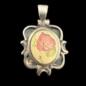 Vintage Sterling Silver 925 Pink Floral hand painted Pendant Necklace
